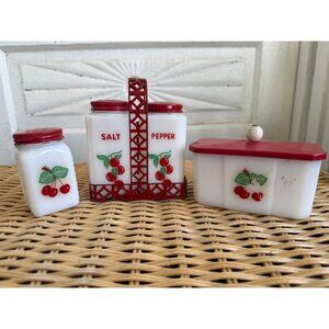 Vintage 30's McKee Tipp City Shakers Holder And Grease Box Milk Glass Cherries